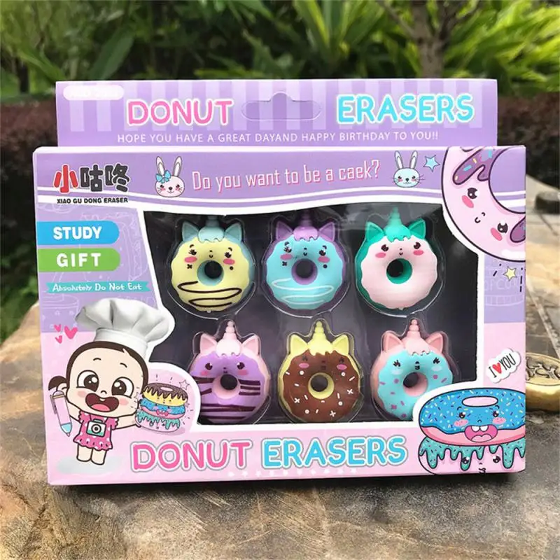 6 Pcs Cute Kawaii Donut Rubber Eraser Creative Pencil Erasers School Supplies Stationery Kids Students Cool Prizes