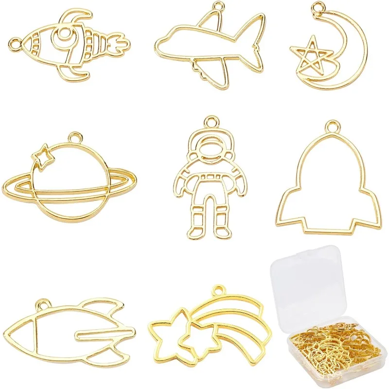 

1 Box 32Pcs 8 Styles Gold Open Bezel Charms Hollow Frame Pendant Space Theme Rocket Spaceman Moon Plane Shape Blanks Charms
