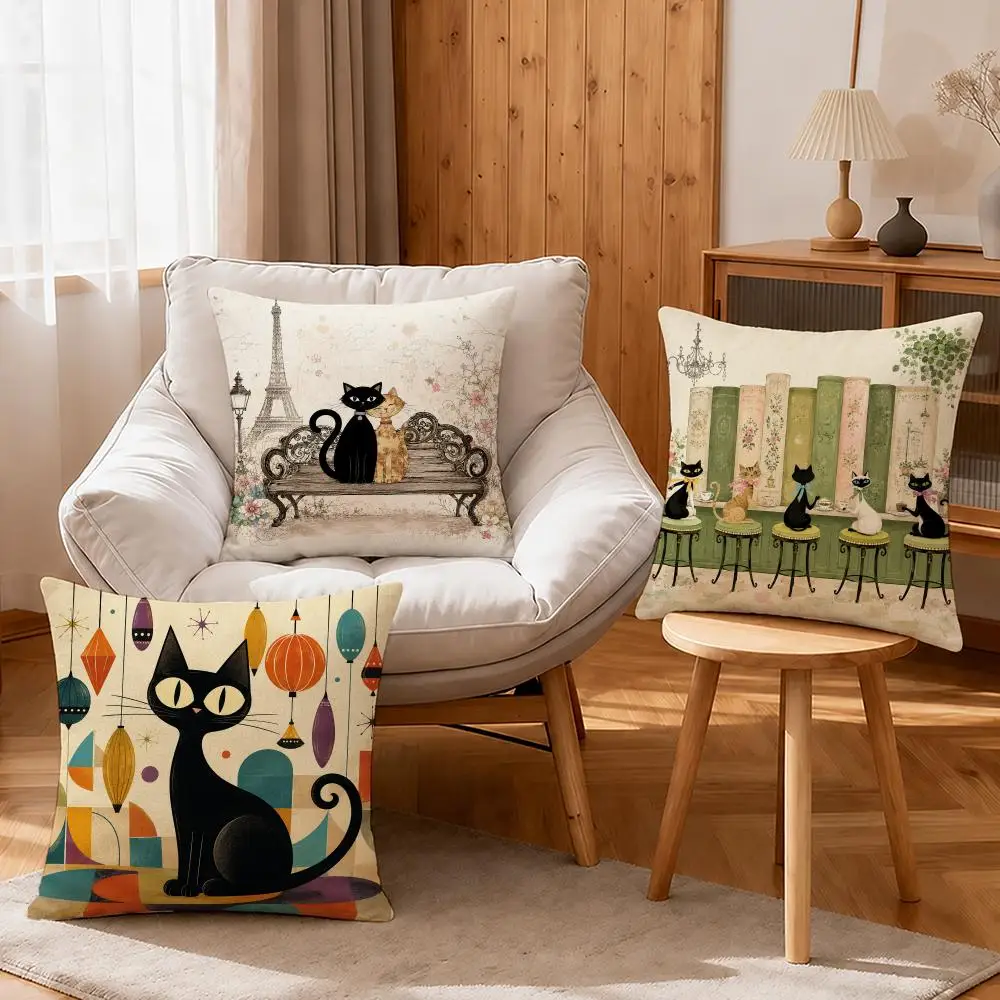Art Cartoon Little Black Cat Cute Cushion Cover Linen Anti-Mite Antibacterial Cushion Cover Invisible Zipper Sofa Decor