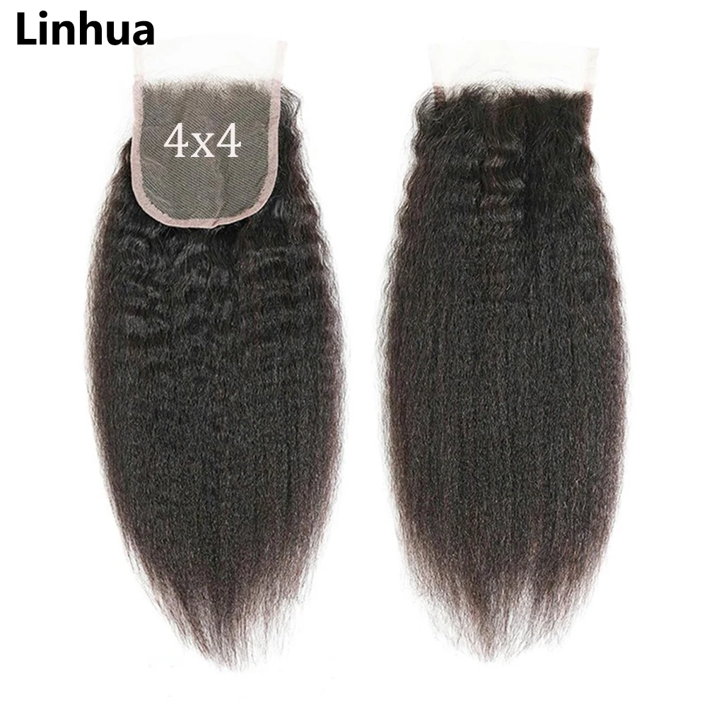 Kinky Straight 4x4 Lace Frontal Closure 100% Human Hair Yaki Straight 4x4 Lace Frontal Preplucked Natural Black  for Women