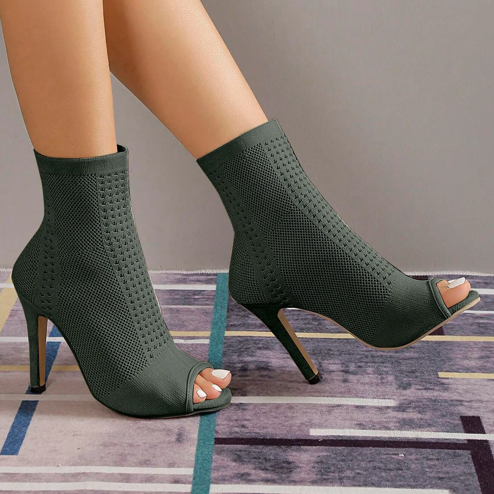 Fashion Ladies Peep Toe Stretch Fabric Knitting Ankle Boots Small Hole Hollow Out Breathable Elegant Women High Heel Dress Shoes