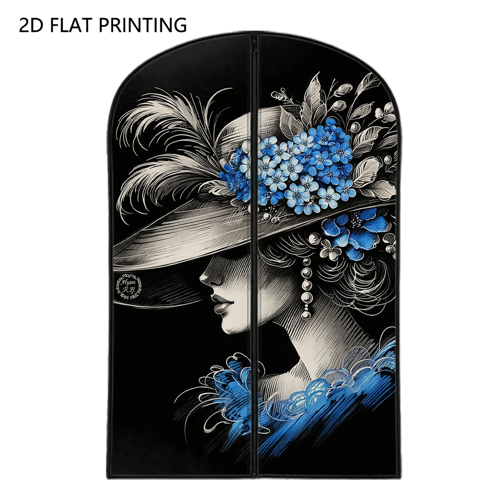 1pc vintage lady with blue flower hat Compressed Dust Cover Clothes Compression Hanging Storage Bag Household Wardrobe Organizer
