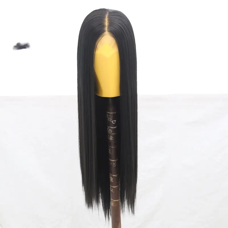 

Bombshell Jet Black Straight Synthetic Lace Front Wig Glueless Best Quality Heat Resistant Fiber Hair Middle Parting For Women