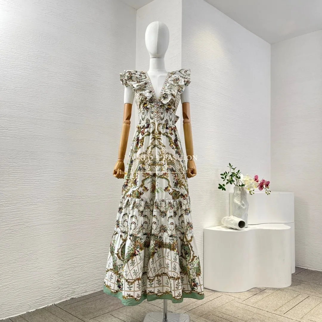 Fotokleur Bloemenprint Mouwloos Plooi Diepe V-hals Diamanten Midi-jurk Zijde