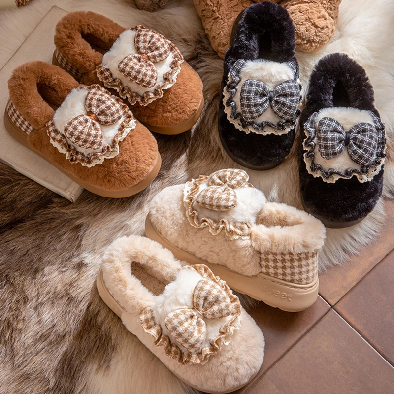 

Милые плюшевые женские тапочки с бантом, теплые нечеткие домашние тапочки с рюшами по краям, нескользящая уютная пушистая домашняя обувь на зиму