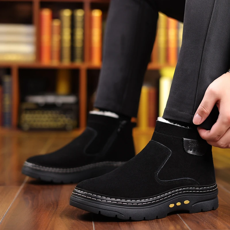 

Winter Cowhide Leather Cotton Shoes Genuine Wool Lined Thick Warm Boots Anti Slip Snow Boots Soft Comfortable Footwear For Dad