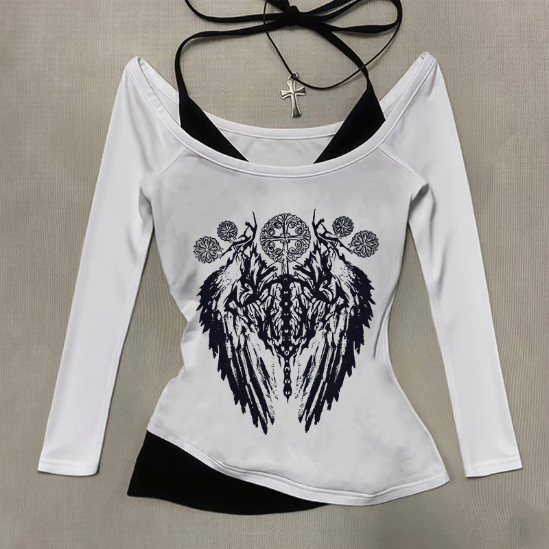 

Модная классическая футболка с длинным рукавом и круглым вырезом Y2K, креативный топ с принтом крыльев, Harajuku, эстетичная уличная женская футболка в стиле панк