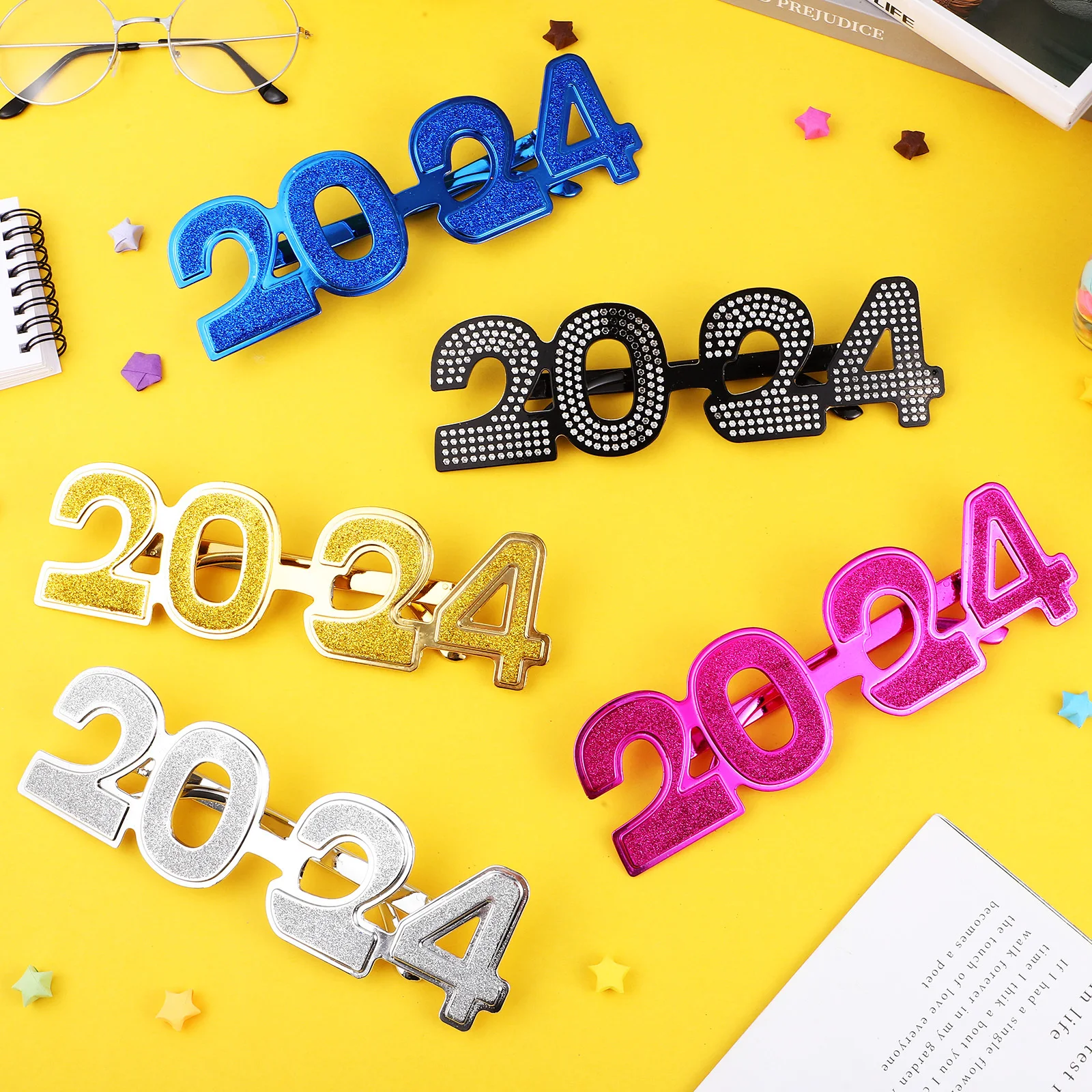 

5 pcs 2024 New Year Glasses Electroplated Plastic Party Eyeglasses Funny Number Design Comfortable Fit Sunglasses Gold Silver