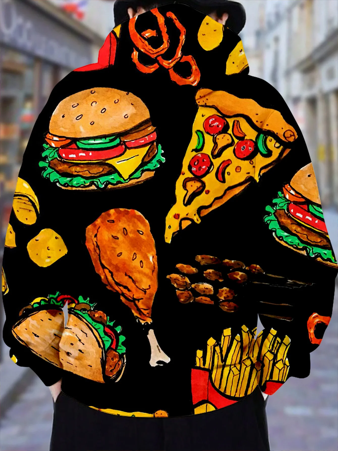Unisex Fast-Food-Hoodie mit Burger-, Pizza-, Pommes- und Hähnchen-Print, schwarze Basis, langärmelig, lässiger Streetwear-Pullover – Detail 3