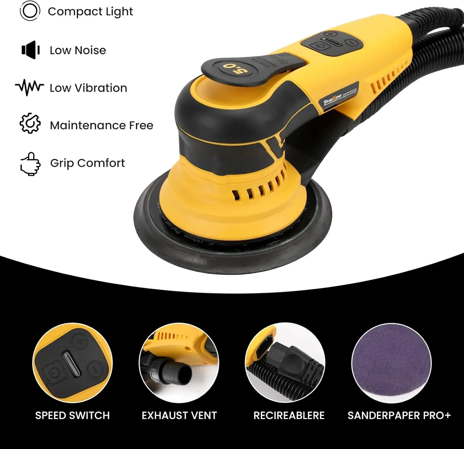 350W 3A Electric Random Orbital Sander with Pluggable Wire, Central Vacuum, Sanders for Woodworking, Primary Wood and Panel Proc