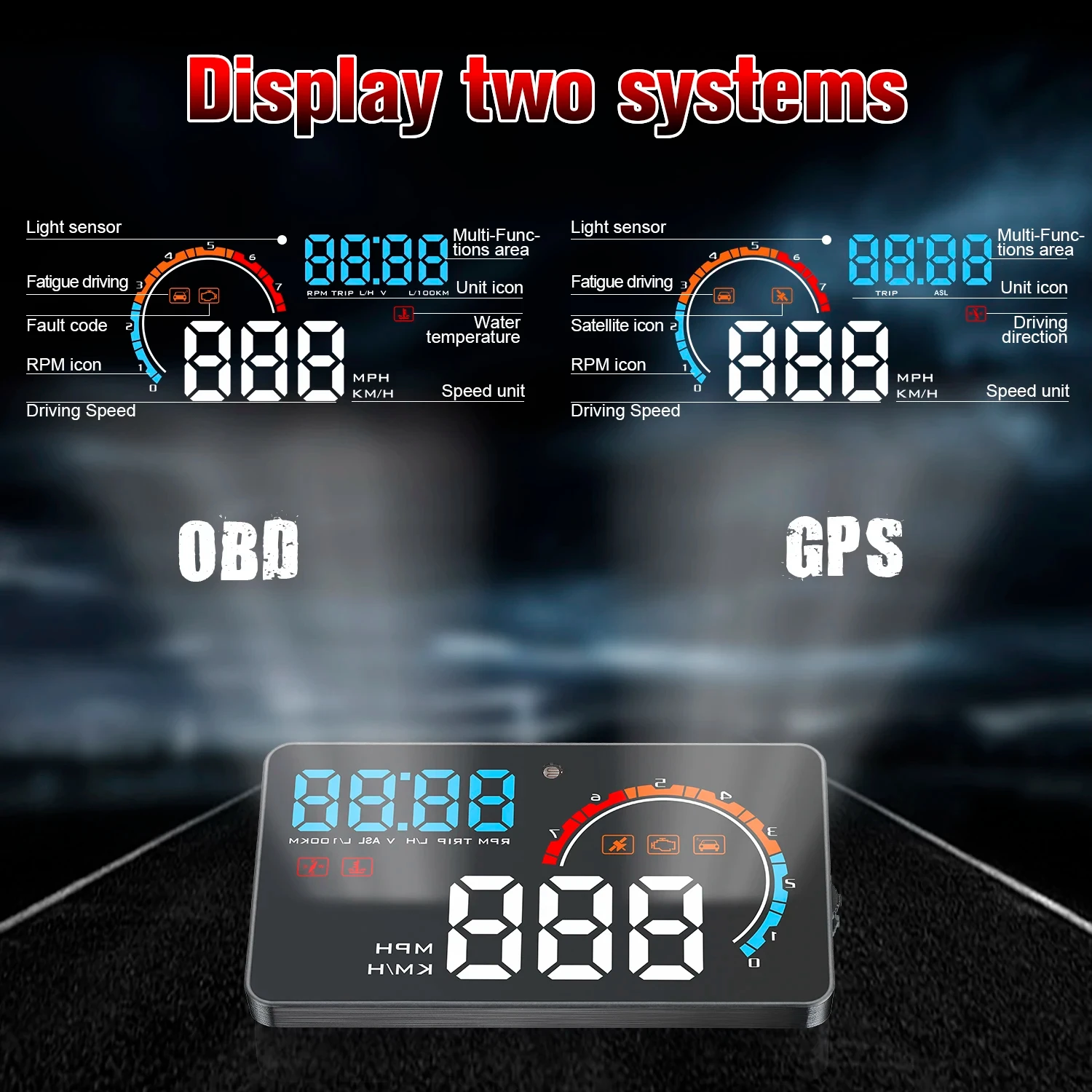 شاشة عرض رأس D2500 هود ، OBD2 ، جهاز عرض بنظام تحديد المواقع ، عداد السرعة ، قراءة درجة حرارة المحرك ، جهد استهلاك الوقود ، مسافة القيادة ، دورة في الدقيقة