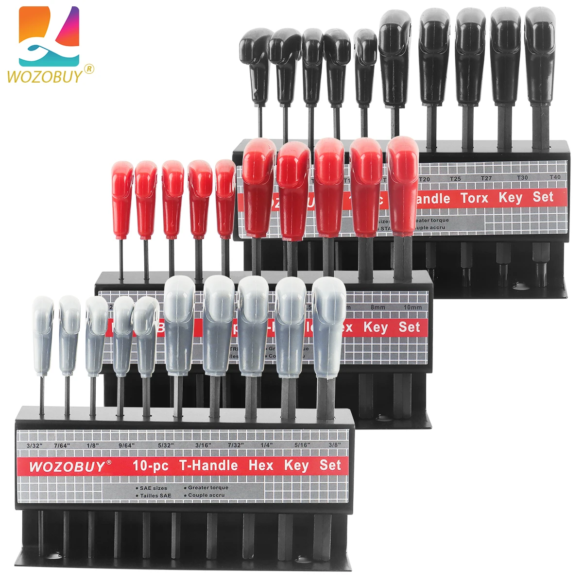 10pcs Metric Or Inch T-Handle Hex Key Allen Wrench Tool Set Or Star T-Handle Hex Key Set with Convenient Storage Stand