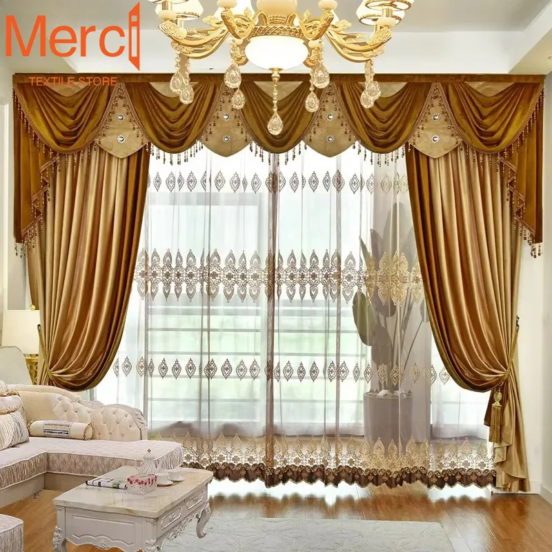 Luxus Gold Patchwork Vorhänge Europäischen Stil Verdunkelung Samt Drapieren Für Wohnzimmer Schlafzimmer Elegante Farbe Block High-End-Volant