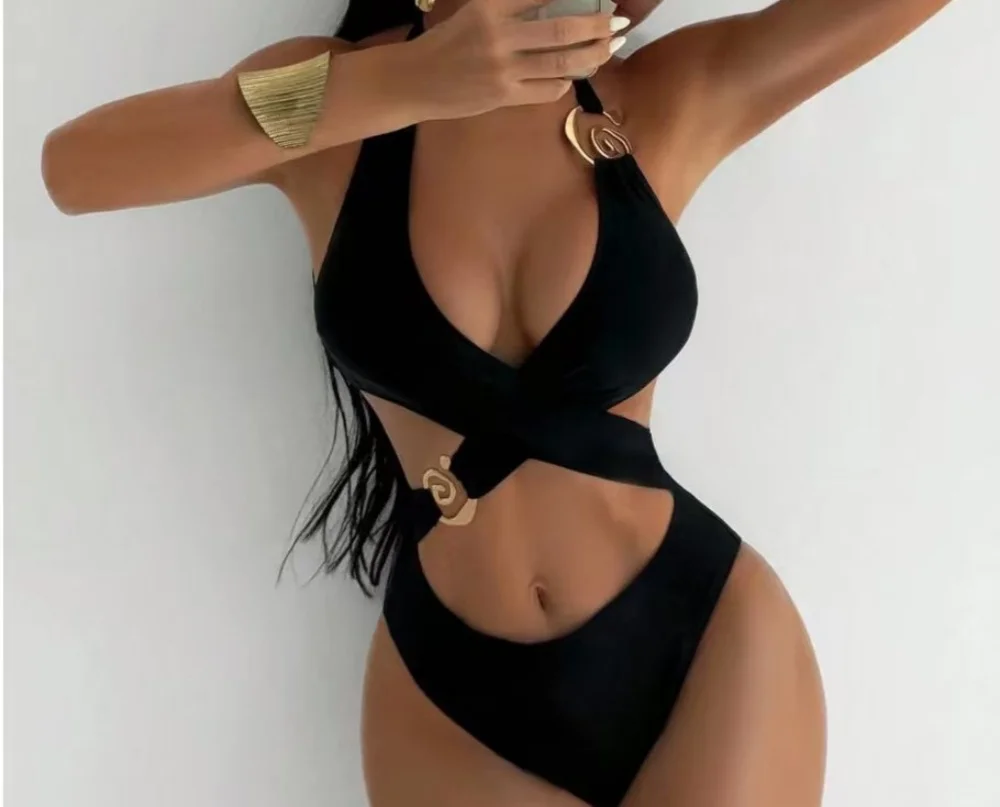 

Сексуальный однотонный купальник-бикини с вырезами 2025 года, женский слитный купальник с перекрестными бретелями и открытой спиной, летний купальник-стринги
