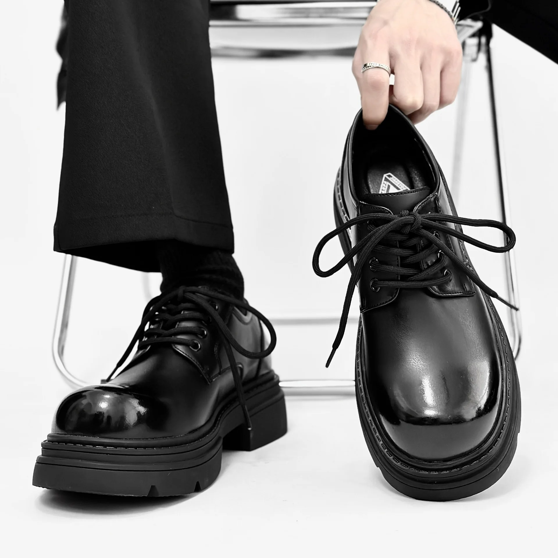 

men's fashion party banquet dress platform shoes lace-up original leather derby shoe black trendy sneakers gentleman footwear