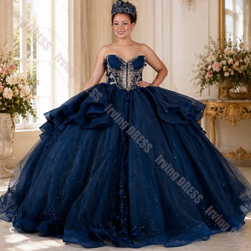 Quinceanera Dresses Customized Sweetheart Neck Sleeveless Crystal Beaded Tiered Tulle Ball Gown Party Birthday Sweet 15 16 Dress