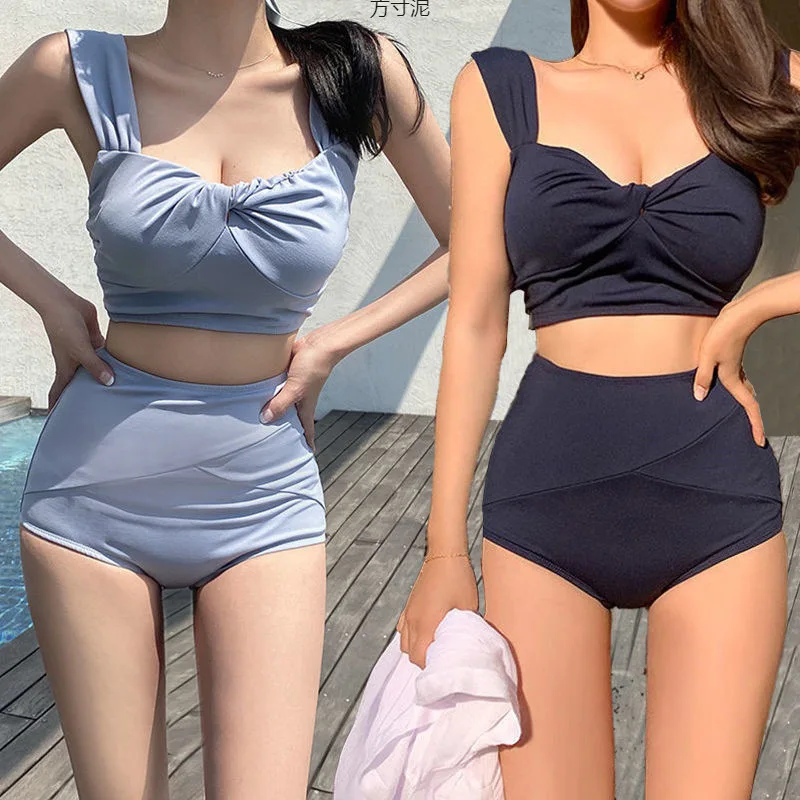 2026 Elegant Tummy Control Bikini Korean Style High Waist Open Back Swimsuit for Vacation Two Piece Swimsuit Women's Bikini Sets