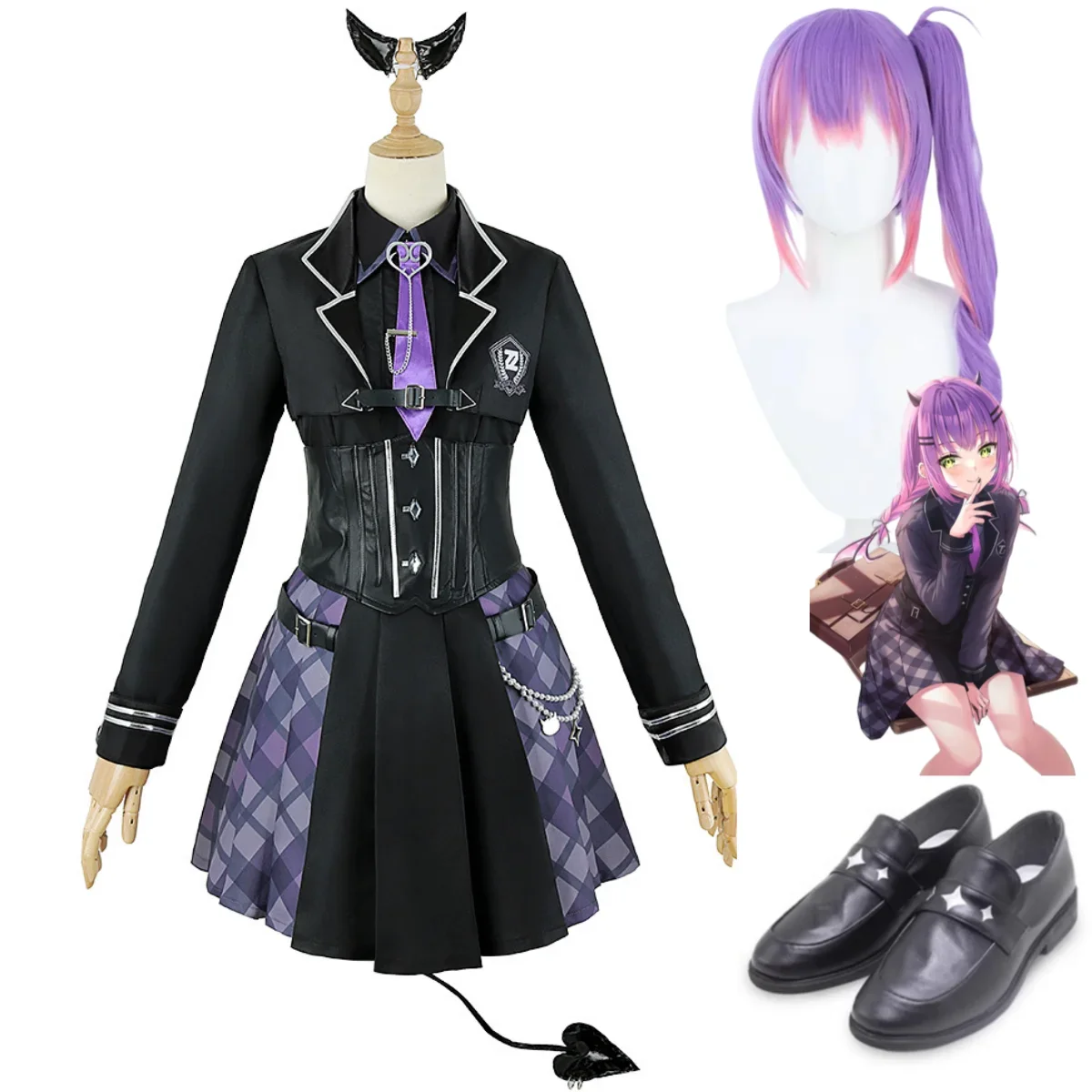 Anime Virtual YouTuber Tokoyami Towa Cosplay Costume Hololive Member Wig JK School Uniforms Leather Shoes Woman Kawaii Party Set