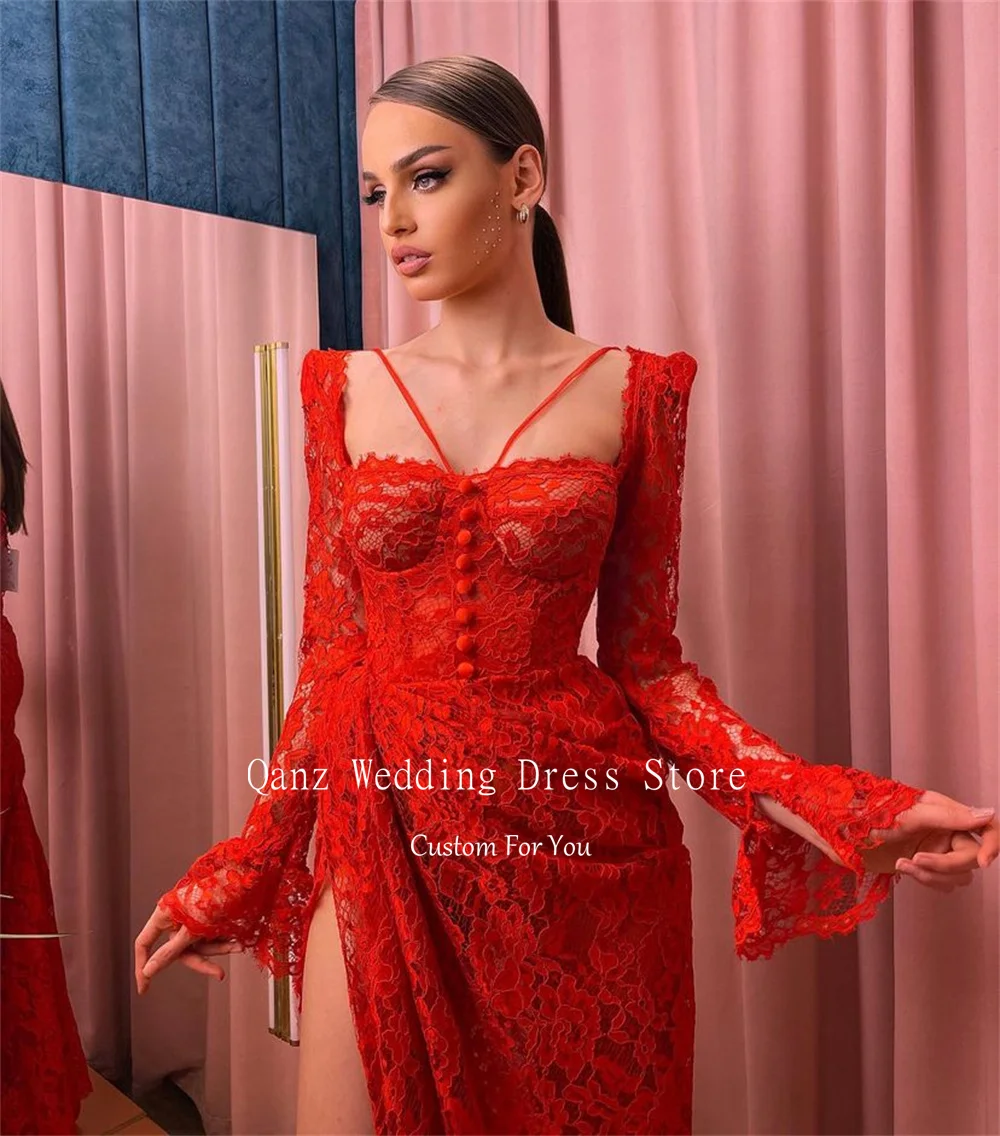 Qanz Red Full Lace Prom Dresses Long Sleeves High Leg Slit Sexy Party Dresses Mermaid with Buttons Luxury Dresses Customized