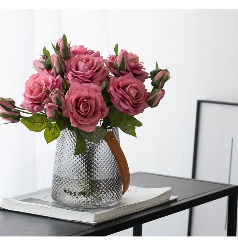 

Glass Diamond Vase With Belt Handle For Living Room Transparent Nordic Simplicity Light LuxuryStyle Ornament цветы для декора