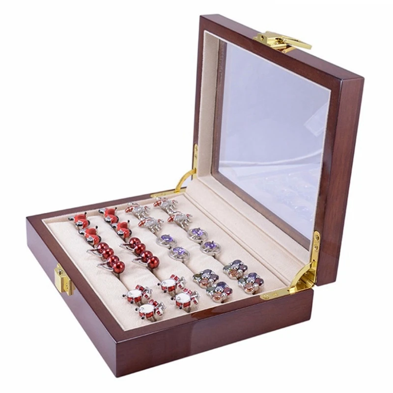 B-M 1 PCS Glass Cufflinks Box For Men Painted Wooden Collection Display Box Storage 12Pairs Capacity Jewelry Display Box