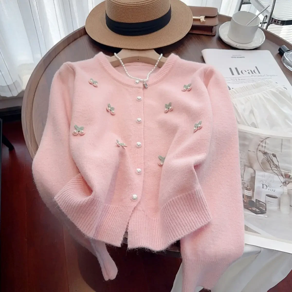 Korean Fashion Cherry Embroidery Cardigan Sweater Knit Jacket Casual Long Sleeve Girl Aesthetic Sweater Women Kawaii Harajuku