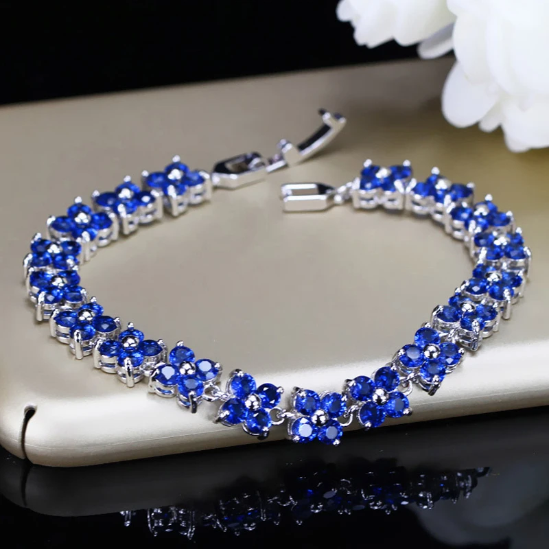 ThreeGraces Trendy Blue Cubic Zirconia White Gold Color Flower Shape Fashion Party CZ Tennis Bracelet for Women Jewelry BR353