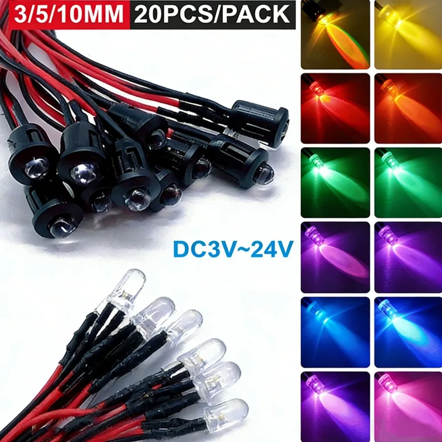 10/20PCS 5mm LED Diode Kit UV Prewired 5V 12 V Light Emitting Indicator RC Lamp Warm White Red Green Blue Yellow Orange Purple P