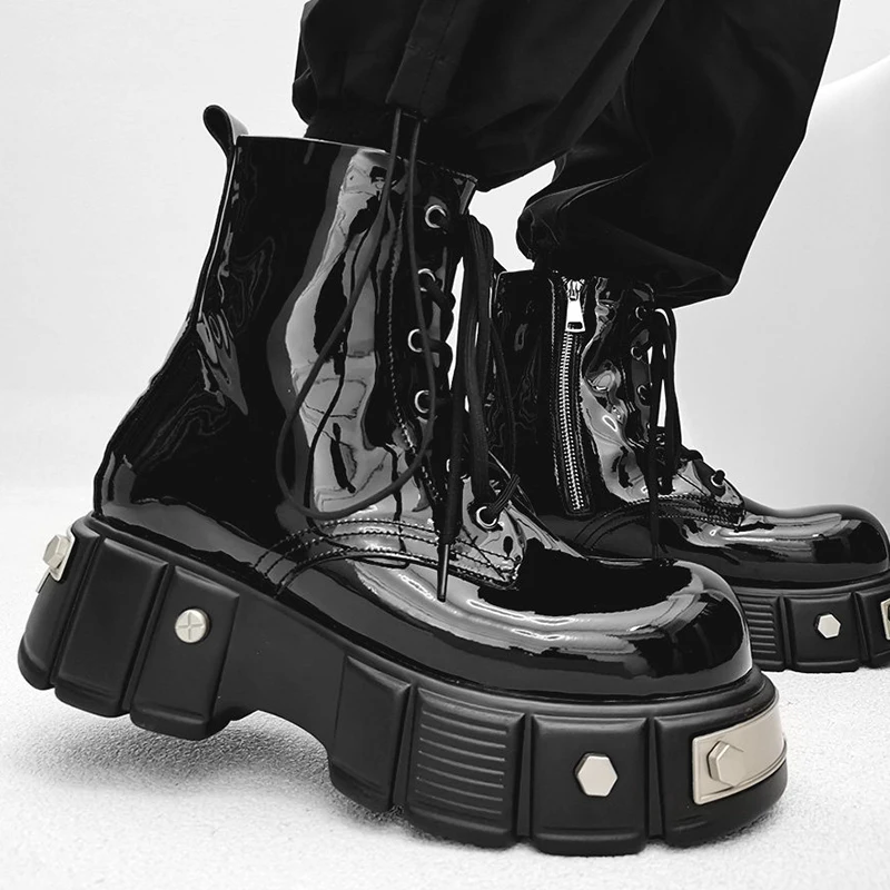 large size men fashion high motorcycle boots patent leather shoes cowboy spring autumn boot handsome cool long platform botas