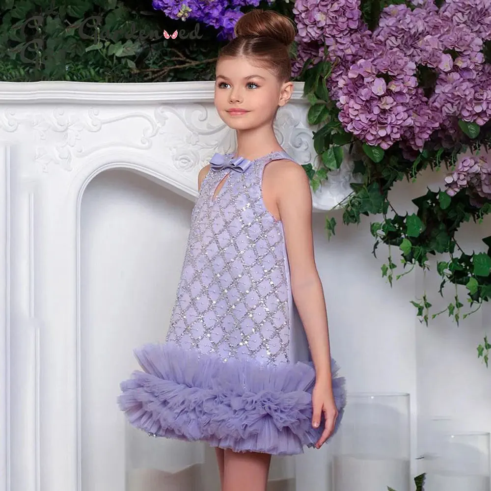 Lilac Flower Girl Dress For Wedding Sleeveless O-neck Sequins With Bow Puffy Baby Birthday First Communion Ball Gowns