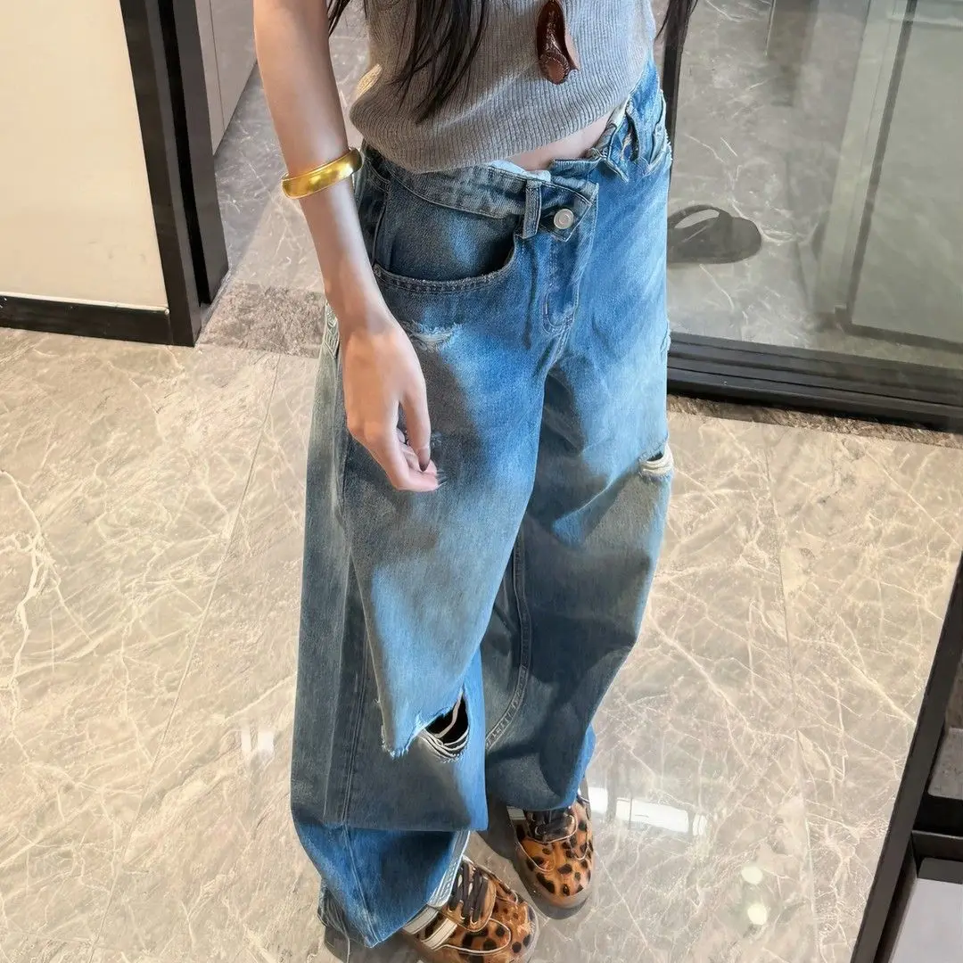 High Rise Ripped Wide Leg Denim Jeans for Women Irregular Cross Waist Distressed Loose Casual Trousers