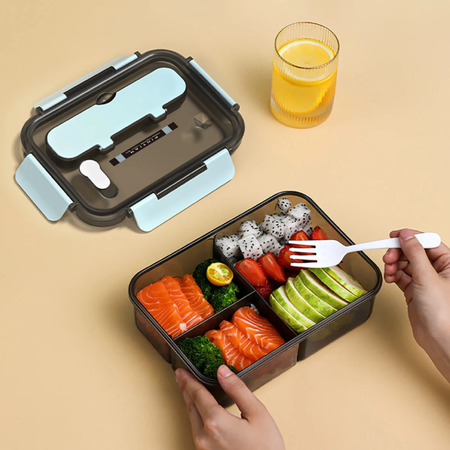 1500ML Three Grid Compartment Packed Lunch Box Matching Fork Spoon Adult Student Bento Box Food  Container Snack Box