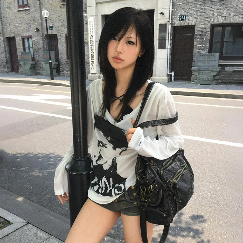 Tawaaiw Loose Y2k Graphic T Shirts Print Tops 2000s Oversized T-shirt High Street Grunge Lazy Style Streetwear American Retro