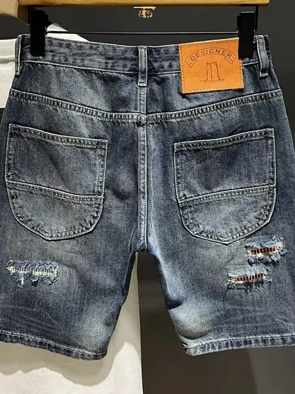 

High-End Patchwork Denim orts Men's Summer Ripped Five-Quarter Straight Leg Slim Fit Blue Jeans Casual mid Waist Trousers