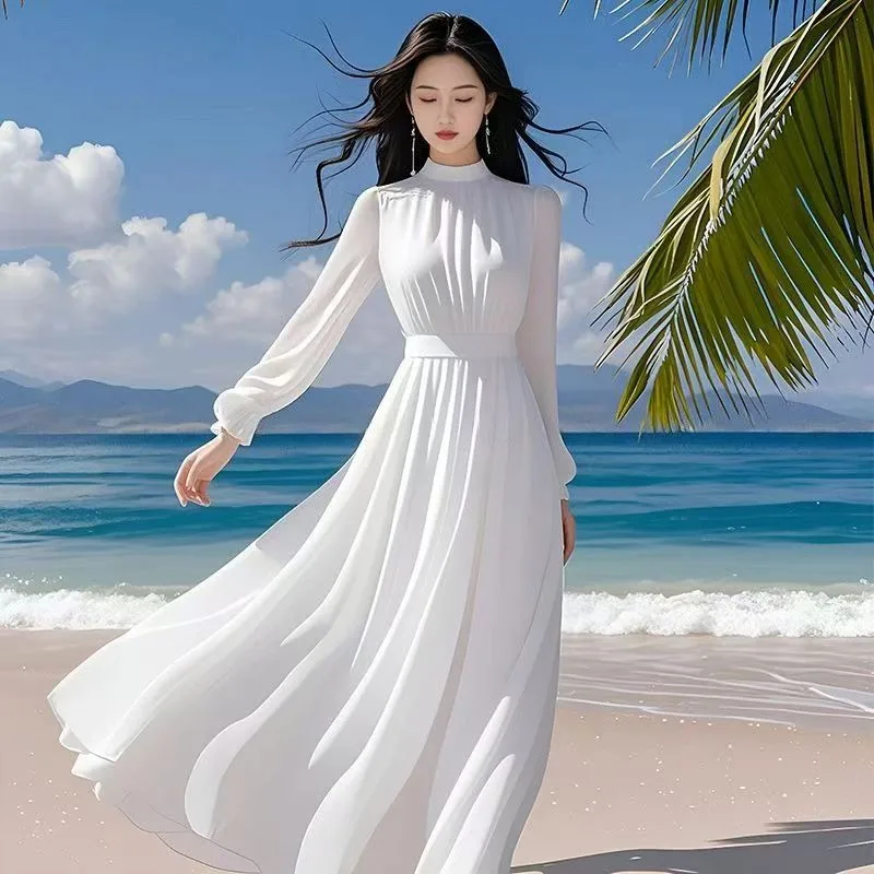 

2025 Summer New Women Graceful White Chiffon Long Dress Lady Beach Travel Slim Dresses Solid Robe Female