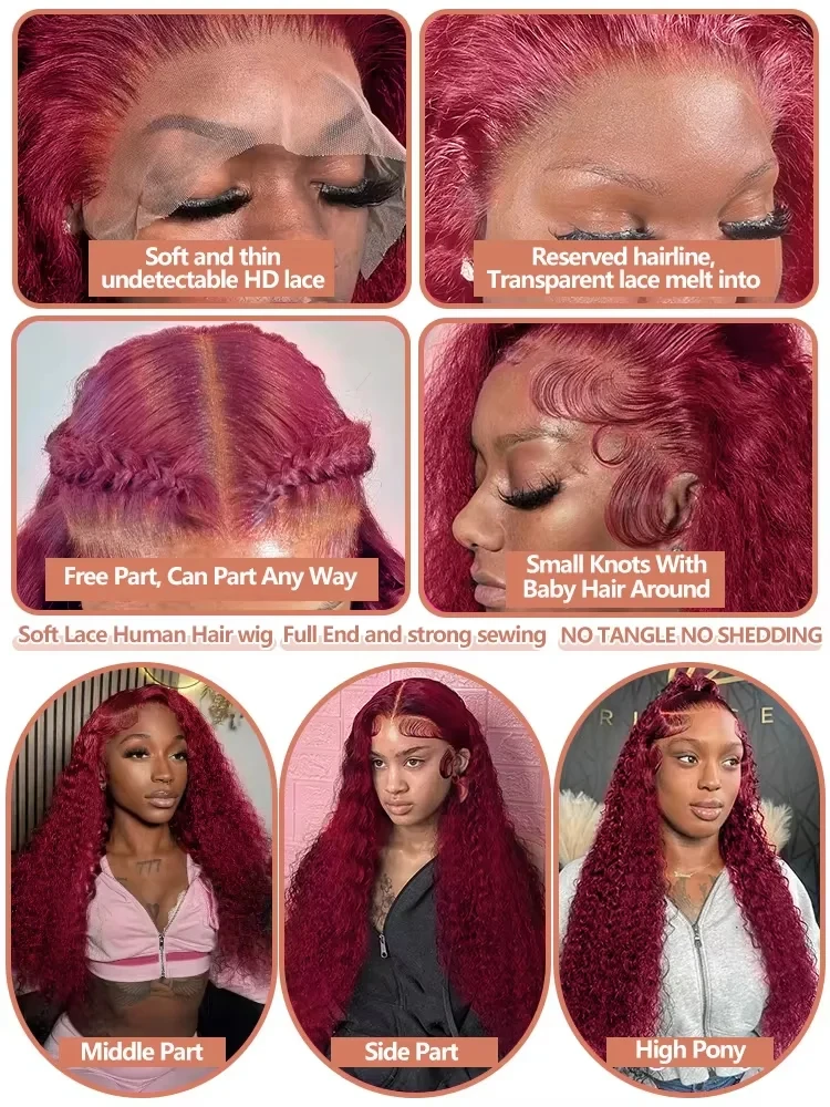 99J Burgundy 30 36 Inch Deep Wave 13x6 HD Lace Front Human Hair Wigs Vietnamese Wine Red Loose Curly 13x4 Lace Frontal Wig Pre Plucked image 6