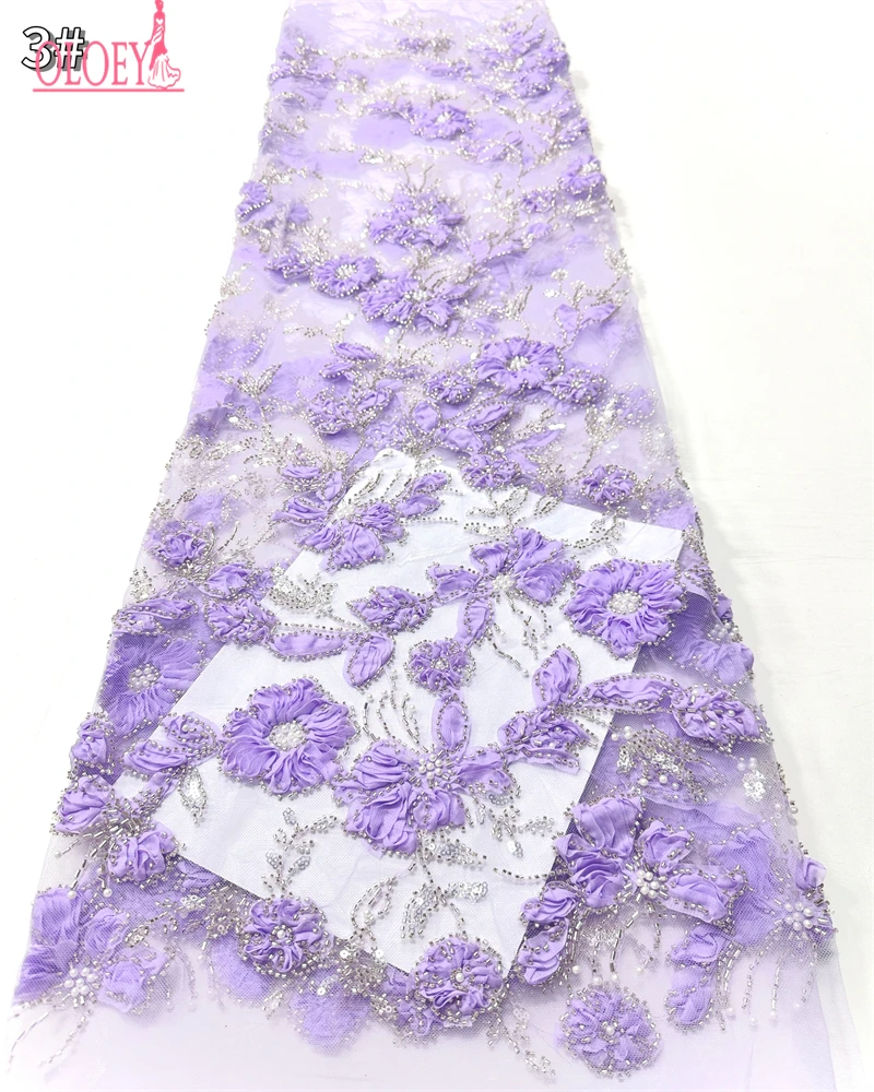 OLOEY Kain Renda Pesta Nigeria dengan Payet dan Manik-manik Afrika Berkualitas Tinggi 5 Yard Kain Tulle Prancis Afrika untuk Pesta Pernikahan