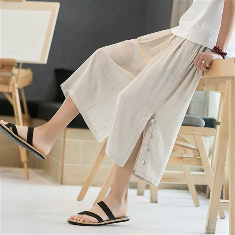 

Men's Linen Wide Leg Seven-Foot Pants Summer Loose Fit Cotton-Linen Casual orts Breathable Comfortable Straight Tube Pants