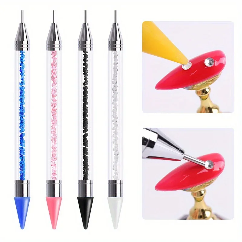 2Pcs Set of Manicure Double-Ended Diamond Pens with Crayons Stainless Steel Tweezers Nail Art Grafting Eyelashes Manicure Tools