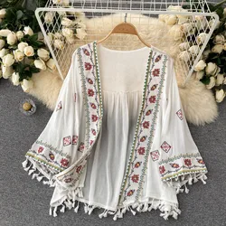 WeHello Women's Shirt Bohemian Holiday Style Embroidered Tassel Chiffon Cardigan New Waist Female Slim Short Chiffon Shirt