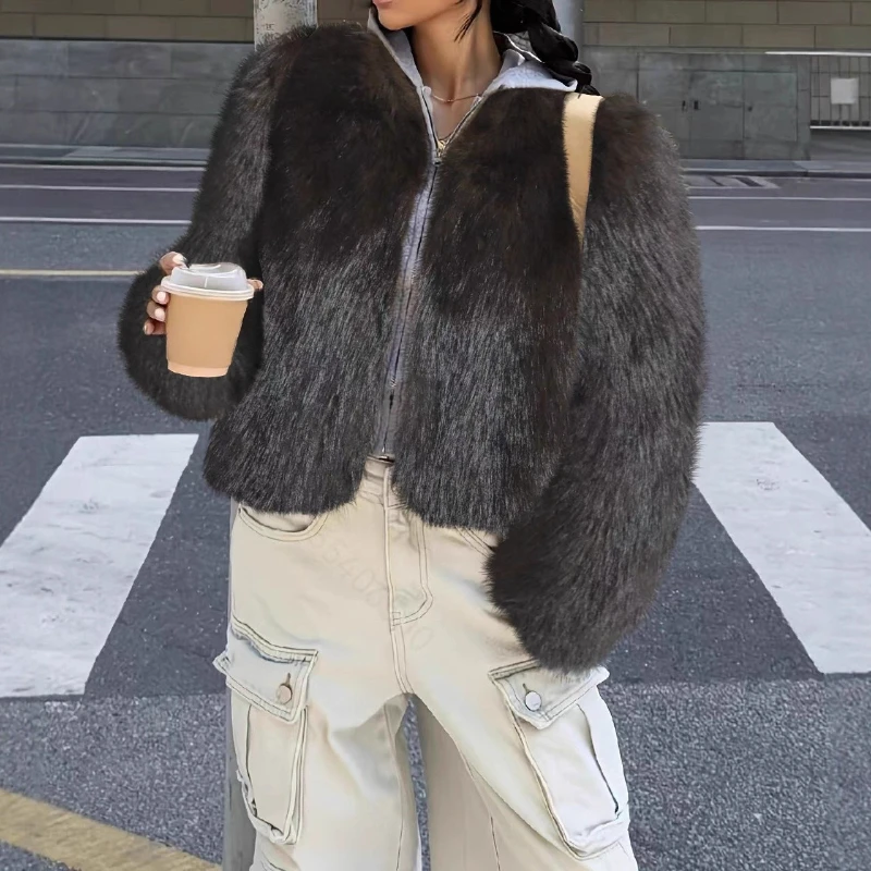 

Укороченное пальто без воротника из искусственного меха, женское свободное пальто с длинными рукавами, осень 202, теплая плюшевая модная куртка, модная уличная женская верхняя одежда