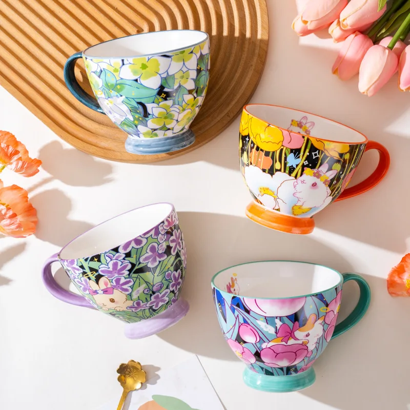 450ML Cartoon Rabbit Mug Creative Ceramic Coffee Cup Home Large Capacity Fruit Salad Dessert Cup Breakfast Mug Birthday Gifts