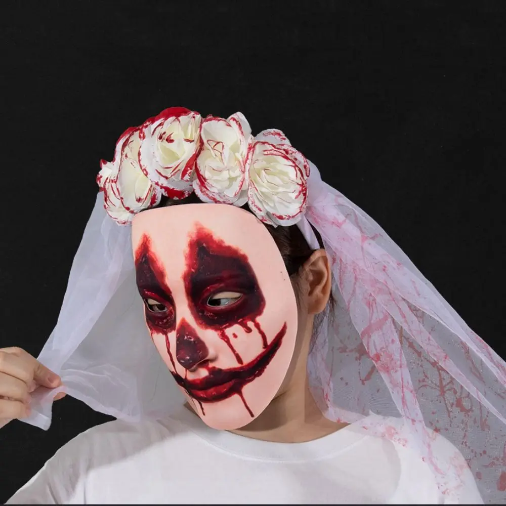 Fiore di rosa Copricapo da sposa di Halloween Maglia di sangue Cerchio per capelli da donna Costume cosplay Fascia per capelli di Halloween Set di maschere per ragazze