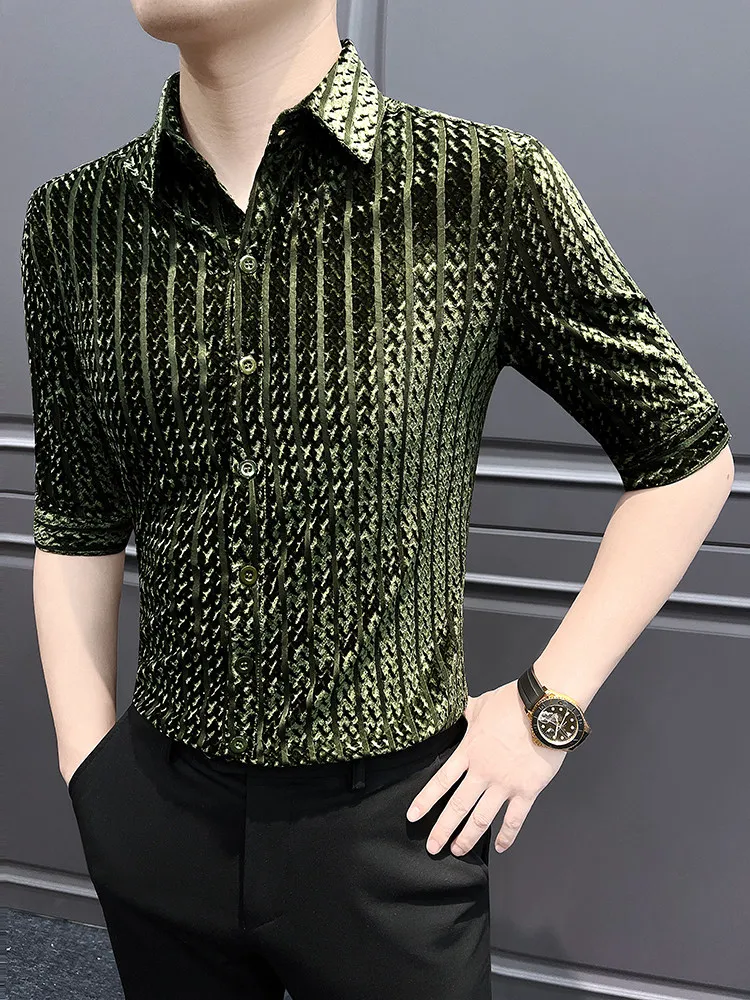 Trendy Men's Ice Silk Seven Sleeve Shirt Summer Mesh Casual Business Shirts Social Nightclub Hairstylist Stage Performance Shirt