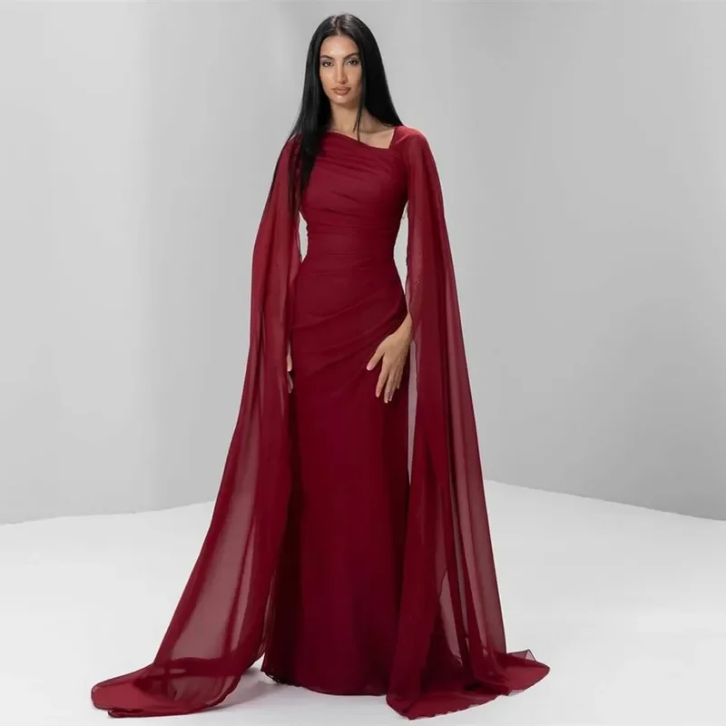 Indie Customized Long Burgundy Tulle Evening Dresses with Cape Sheath Asymmetrical Neck Floor Length Pleated Prom Dress Saudi