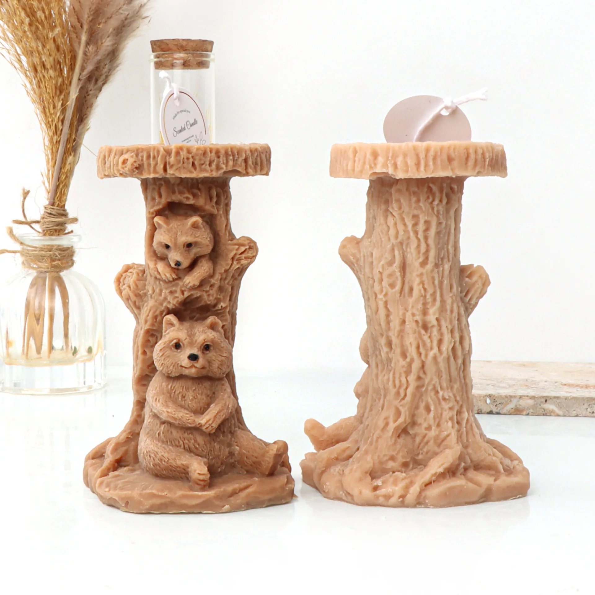 Stump the Mother and Child Bear Silicone Candle Mold DIY Handmade Aromatherapy Tree Cave Bear Candle Plaster Soy Wax Soap