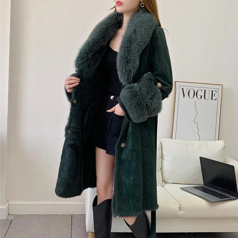 Genuine Double-faced Fur X-Long Coat Women\'s Winter New Real Rabbit Fur Liner Parka Big Fox Fur Collar High Waist Design IL00652