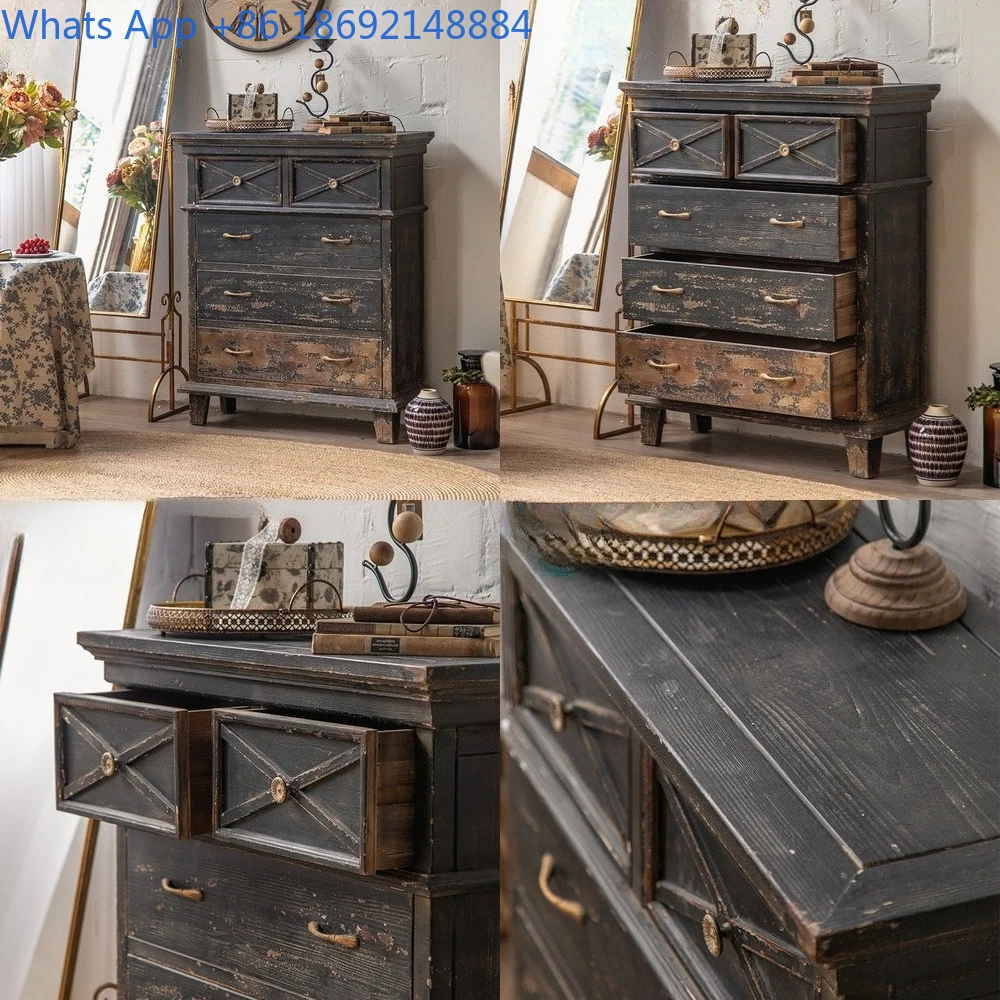 

American Country Vintage Distressed Bedroom Dresser Solid Wood Living Room Drawer Cabinet Wabi-Sabi Sofa Five-Drawers Cabinet