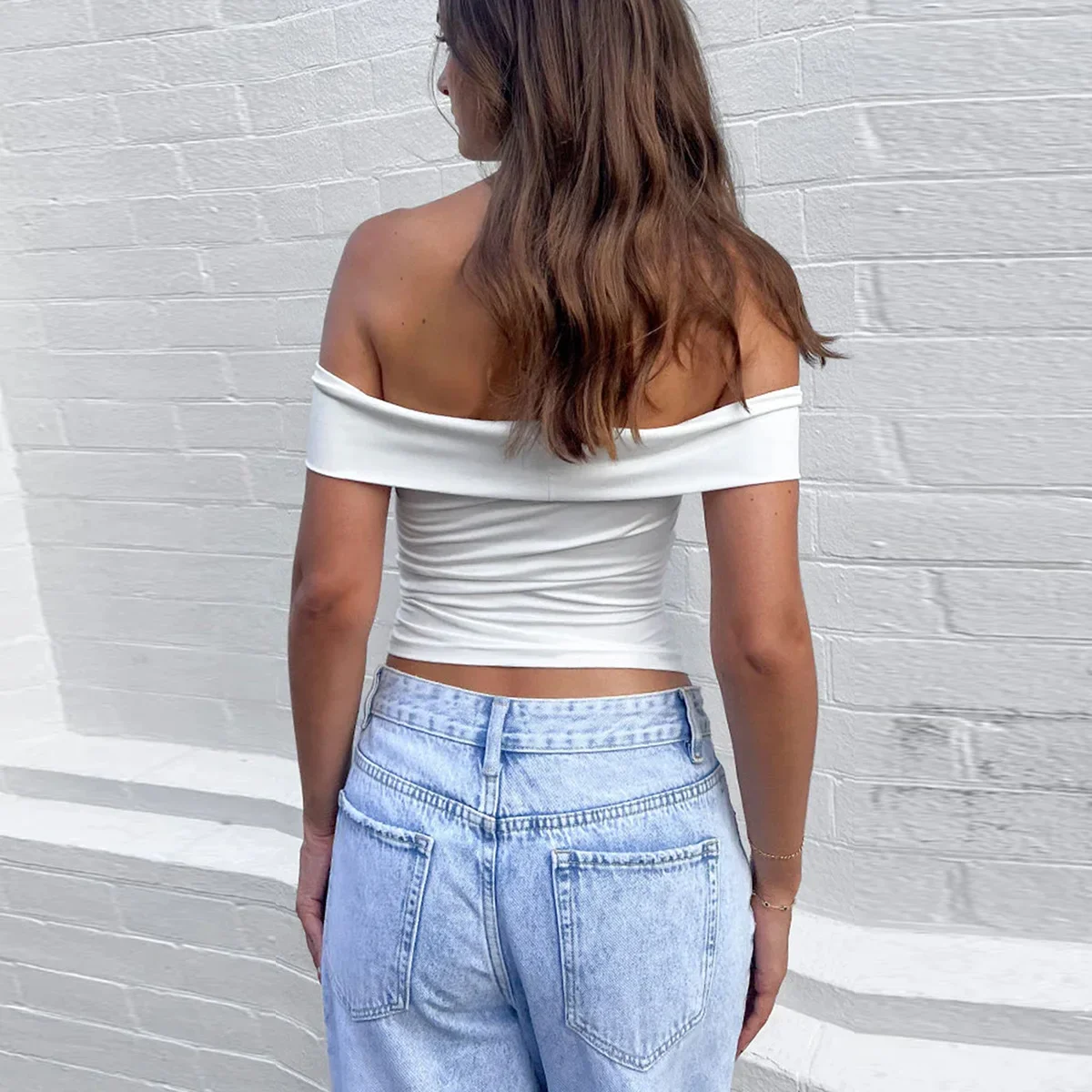 

Сексуальный топ с открытыми плечами с жемчужной цепочкой и рукавами на плечах, летняя женская футболка, нижний топ, большие размеры 9XL, 8XL, 7XL, 6XL