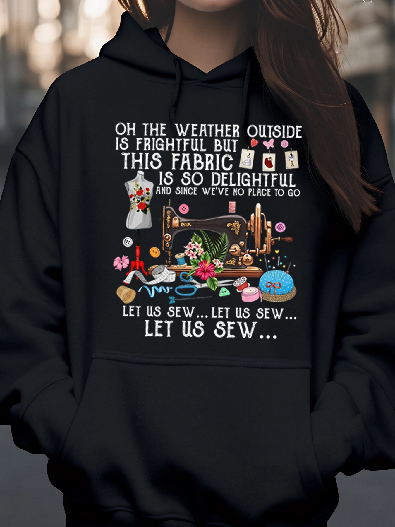 Sewing Machine Fabric Pattern Christmas Hoodie Cozy Indoor Wear for Craft Lovers